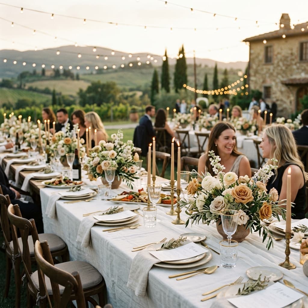 Candlelit dinner table at a private estate event